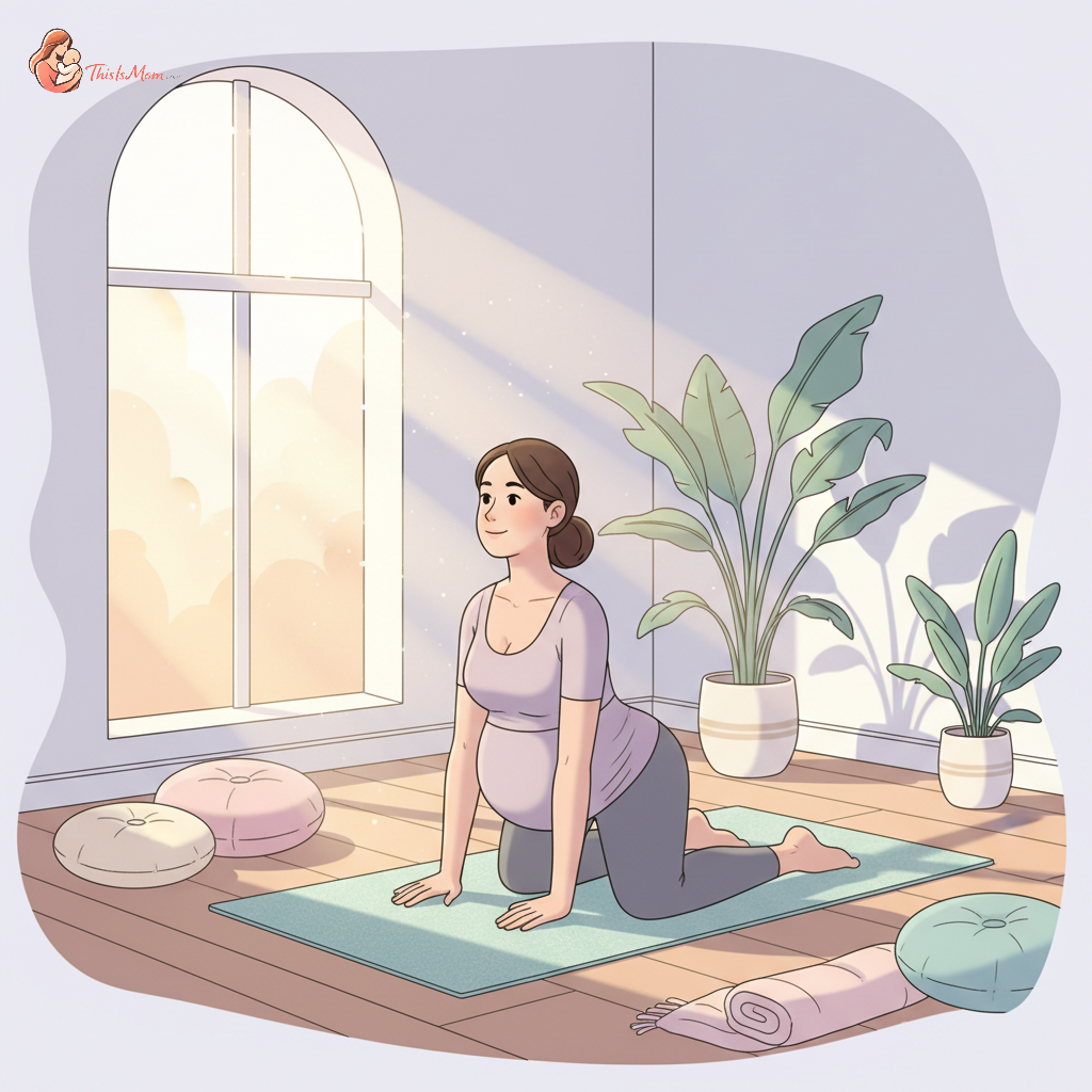 Pregnant woman gently stretching her lower back and abdomen with hands on knees, demonstrating a pelvic tilt or cat-cow pose, in a bright, calm setting.