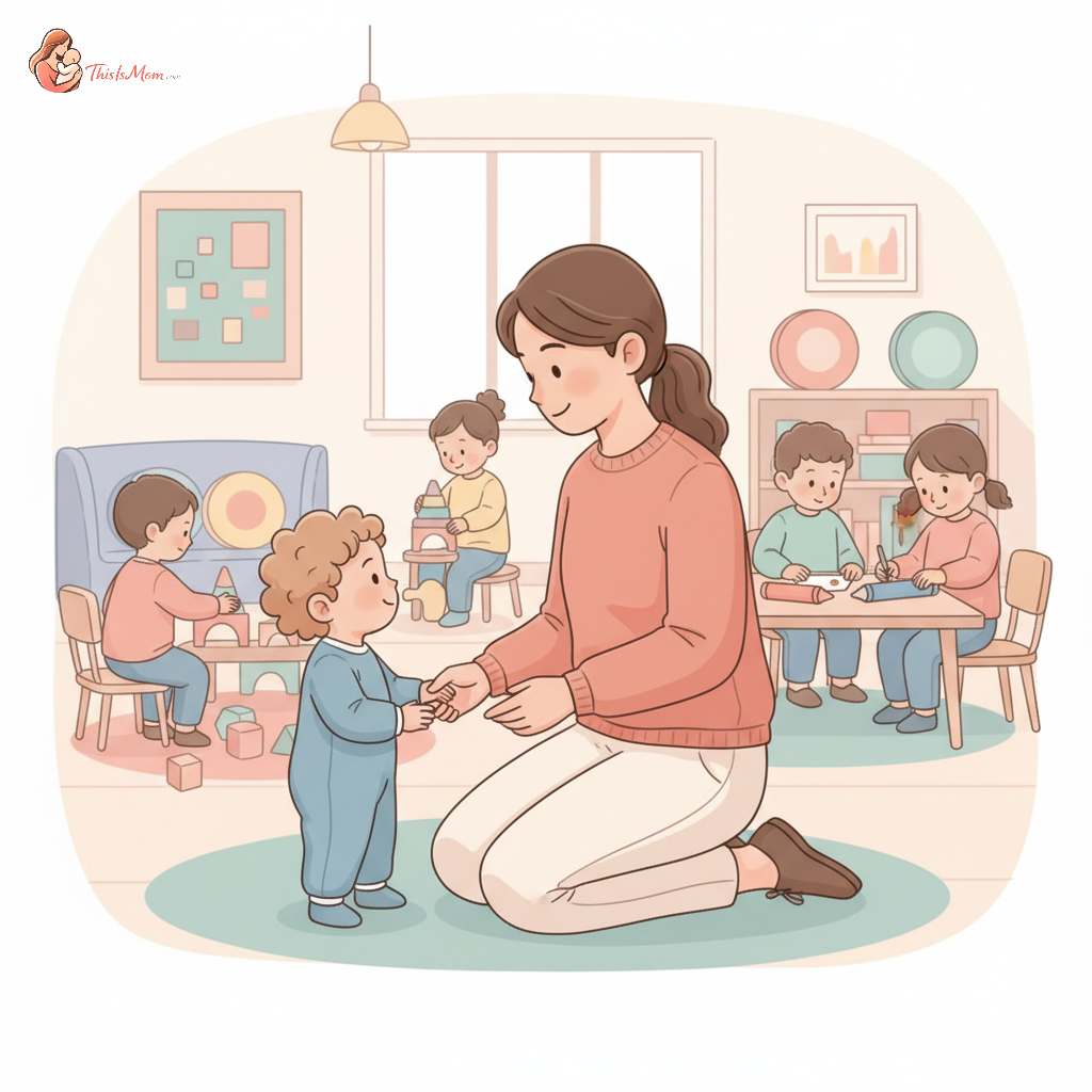 A smiling 18-month-old toddler holding a new teacher's hand in a brightly lit daycare classroom, surrounded by colorful toys.