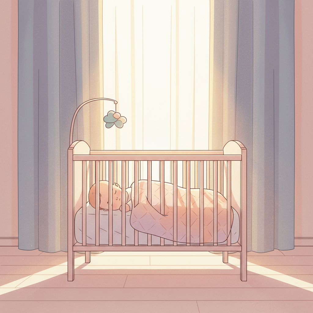 A baby peacefully sleeping in a crib with a soft, warm blanket. Sunlight gently streams through blackout curtains, creating a serene atmosphere. A small, subtle digital clock on a nearby nightstand displays an adjusted time, symbolizing the Daylight Saving Time transition.