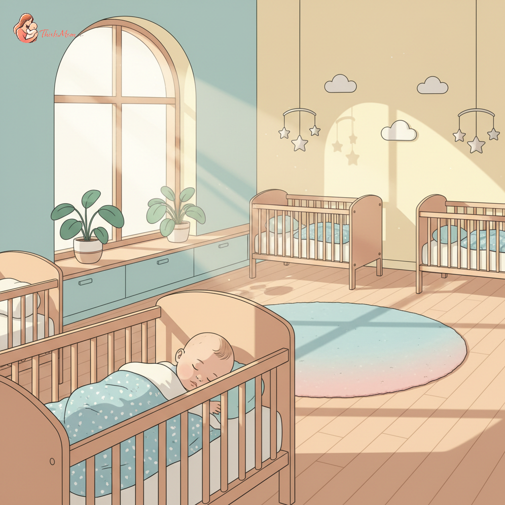 A tired but happy baby sleeping peacefully in a crib at daycare, surrounded by soft light and a comforting blanket.