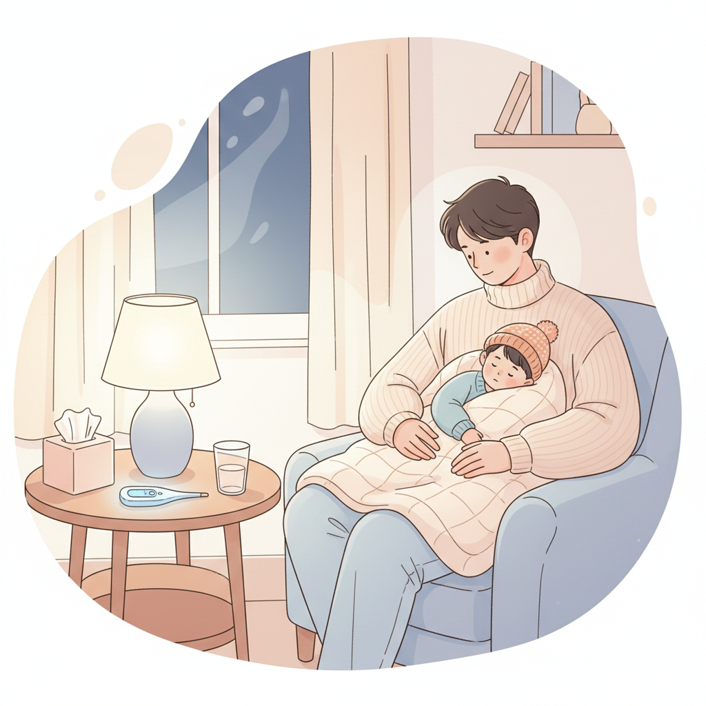 A tired but determined parent sitting next to a child who is resting in bed with a thermometer on the nightstand, tissues, and a glass of water, highlighting support and comfort during illness.