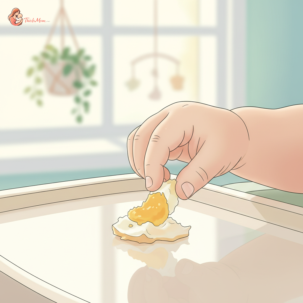A close-up of a baby's hand reaching for a piece of mashed hard-boiled egg on a high chair tray, with other soft finger foods blurred in the background.