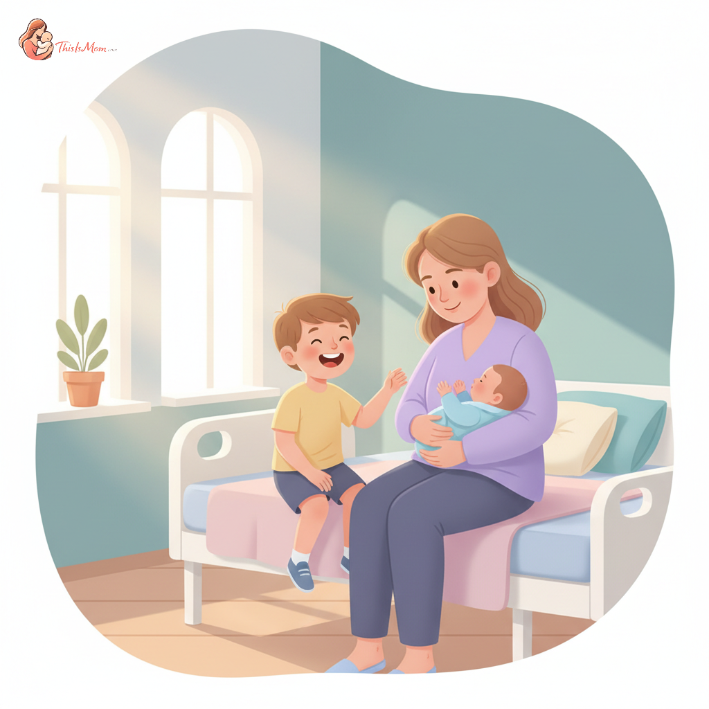 A happy older child (around 5-7 years old) gently reaching out to touch a newborn's tiny foot or hand while sitting next to a parent in a bright hospital room, with a soft, comforting atmosphere.