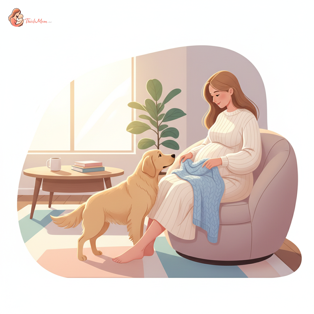 A calm golden retriever sniffing a baby blanket next to a pregnant woman's belly, set in a cozy, sunlit living room, symbolizing family anticipation and gentle preparation.