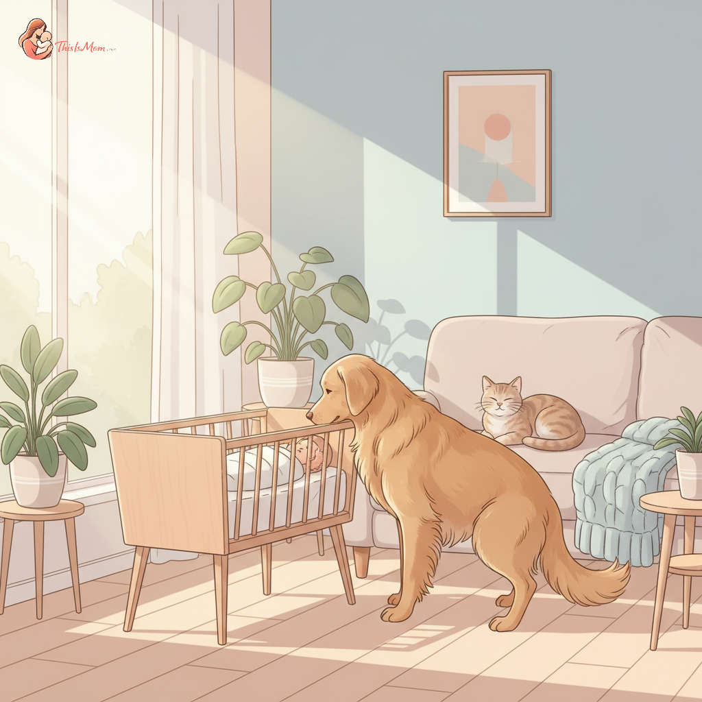 A friendly Golden Retriever dog gently sniffing a sleeping baby in a bassinet, with a contented cat observing from a nearby couch, symbolizing a harmonious integration of pets and baby.