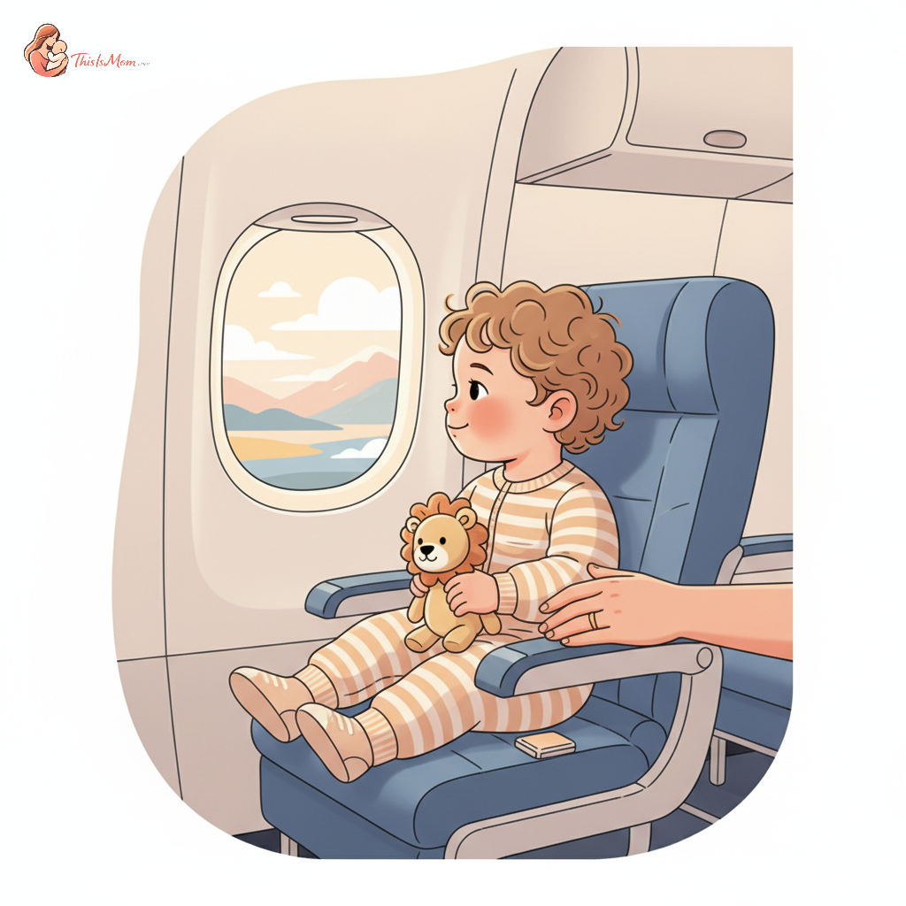 Happy toddler looking out an airplane window with parents nearby, engaging in screen-free play