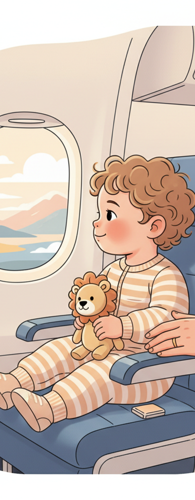 Happy toddler looking out an airplane window with parents nearby, engaging in screen-free play