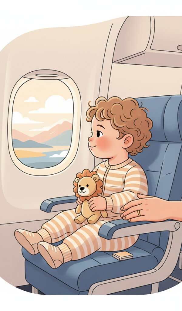 Happy toddler looking out an airplane window with parents nearby, engaging in screen-free play
