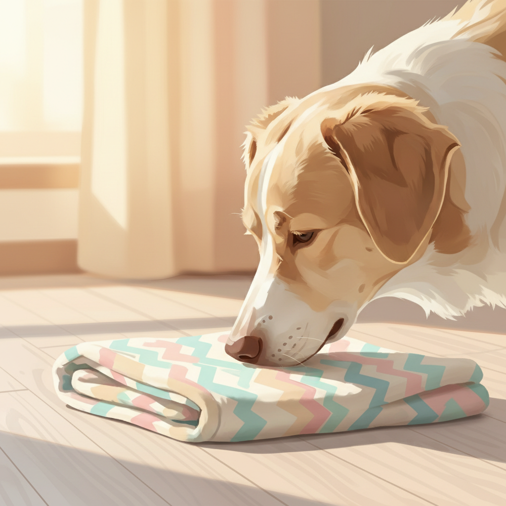 A golden retriever dog gently sniffing a baby's blanket on a clean, minimalist floor.