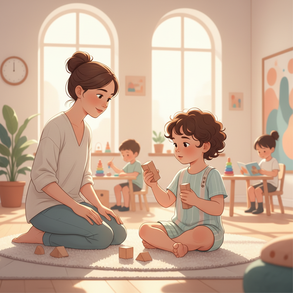 A young child at a daycare center looking calmly at colorful building blocks, with a teacher nearby and other children playing softly in the background.
