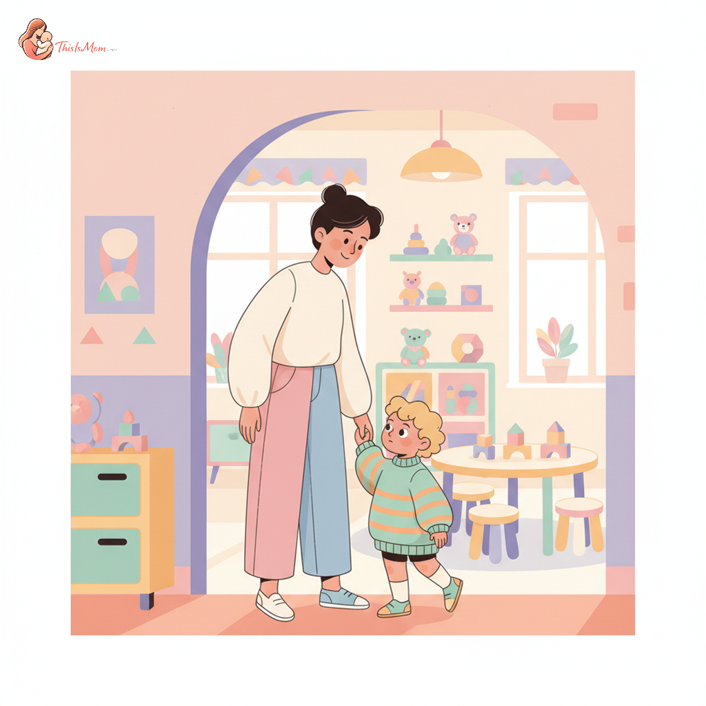 A parent gently holding their toddler's hand at the entrance of a colorful daycare center, both looking inside with soft smiles, symbolizing a gentle transition.