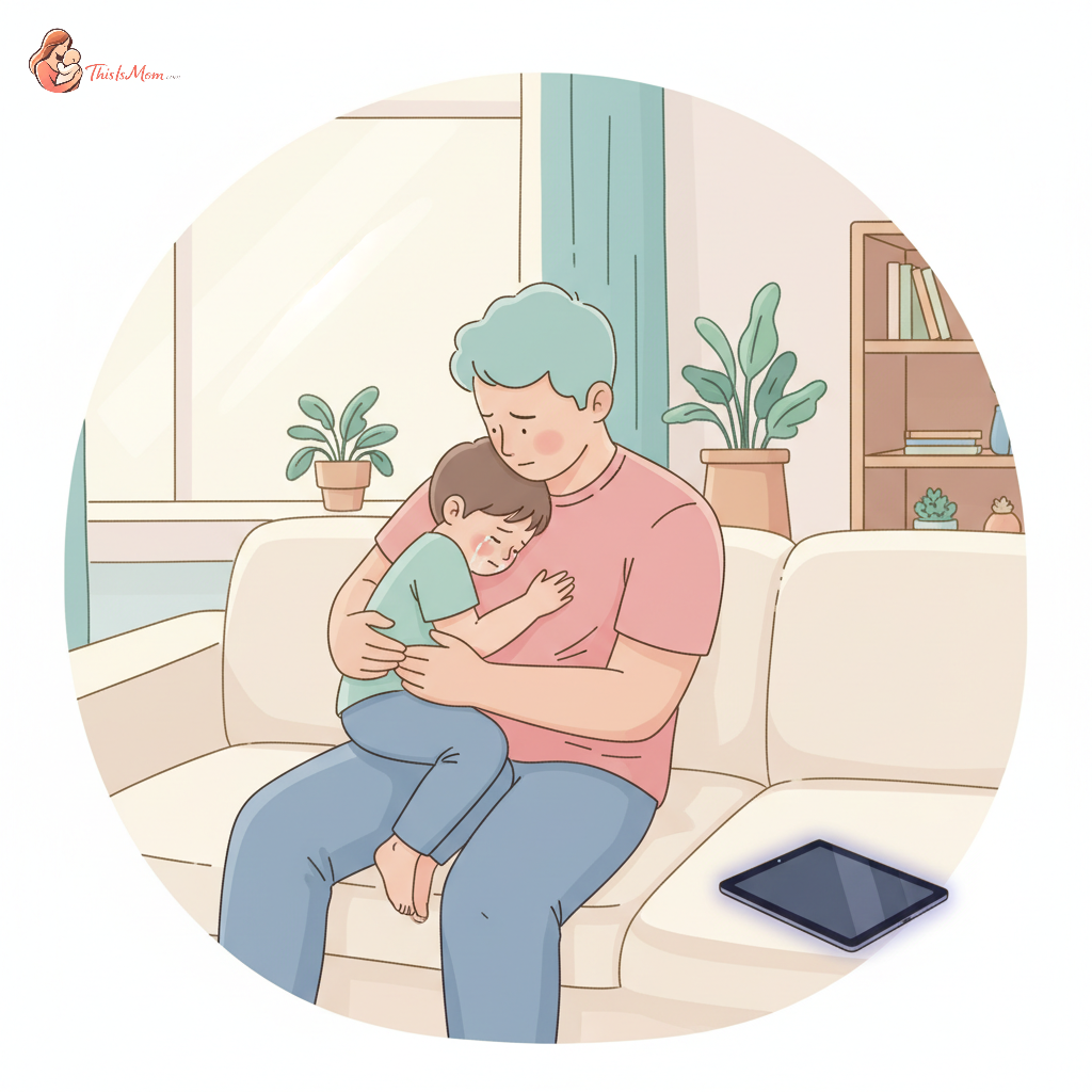 Parent comforting a preschooler having a meltdown after screen time, with a tablet turned off in the background, showing empathy and connection.