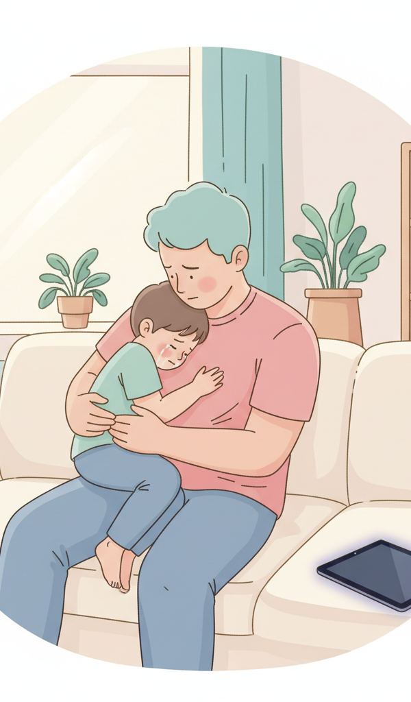 Parent comforting a preschooler having a meltdown after screen time, with a tablet turned off in the background, showing empathy and connection.