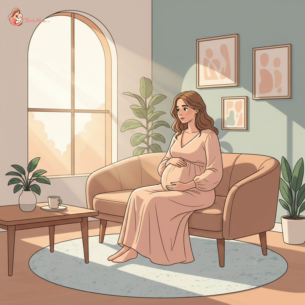 Pregnant woman at 32 weeks gently holding her belly, looking concerned but informed, with a soft, warm light around her, an infographic showing differences between Braxton Hicks and preterm labor in the background.