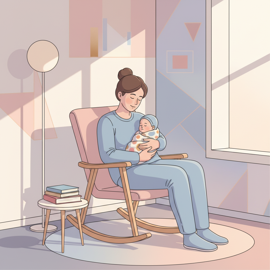 A tired parent gently rocking a baby in a dimly lit nursery.