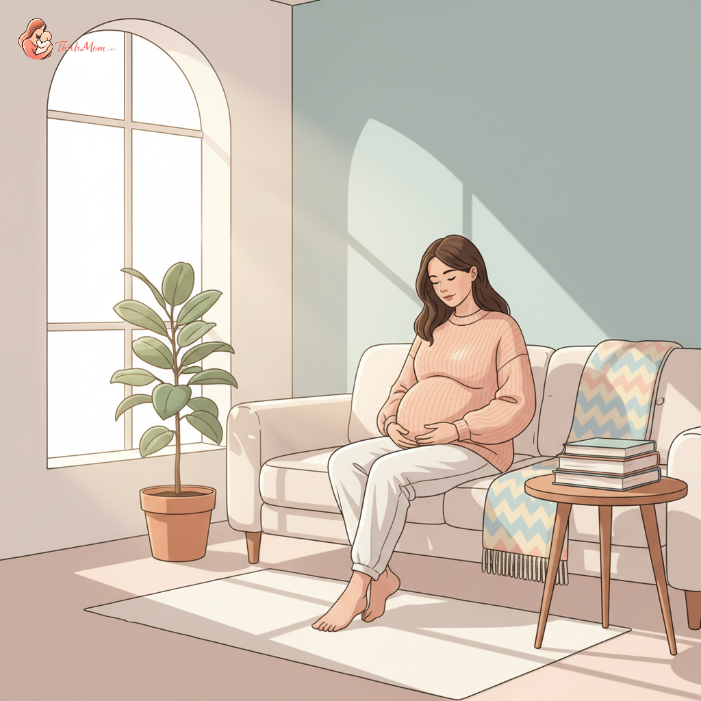 A pregnant woman, looking thoughtful and slightly concerned, holding her baby bump. She is sitting comfortably, perhaps on a sofa or in a quiet room, with soft, ambient lighting. Her partner might be gently touching her shoulder, offering support.