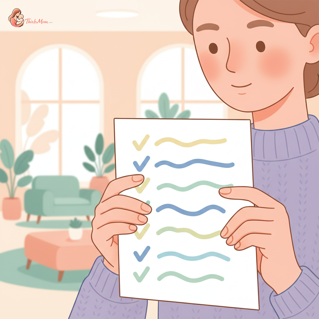 A thoughtful parent looking at a clipboard with questions, standing in front of a daycare facility model, symbolizing critical decision-making about childcare policies.