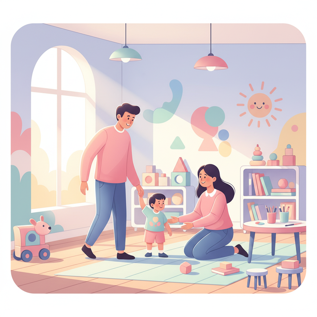A parent and child holding hands, walking into a brightly lit, cheerful daycare classroom where a teacher is warmly greeting them, smiling amidst colorful learning materials.