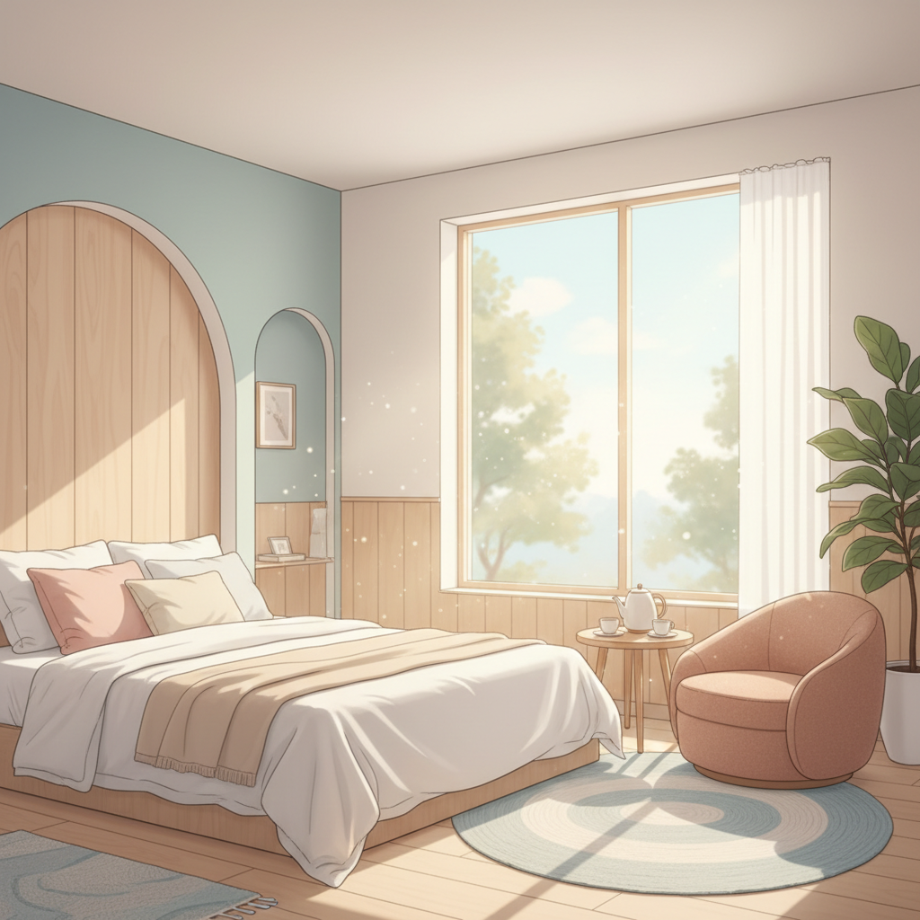 A serene and comforting birth center room with soft lighting, a cozy bed, and birthing aids, emphasizing a calm and supportive postpartum environment.