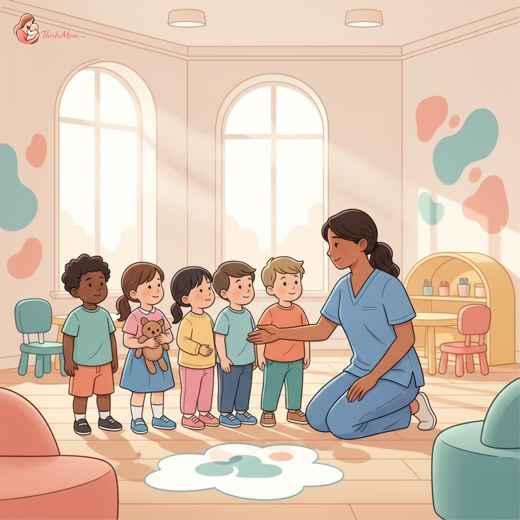 A diverse group of young children and a daycare teacher practicing an emergency drill, perhaps calmly walking in a line towards an exit or sheltering under a table, demonstrating preparedness.