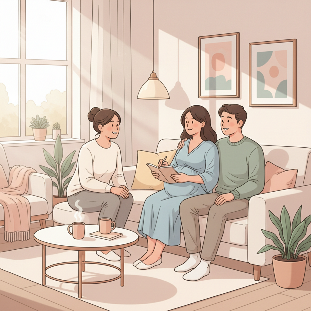 A pregnant person and their partner smiling warmly at a doula during a consultation, with notes and a comforting atmosphere.