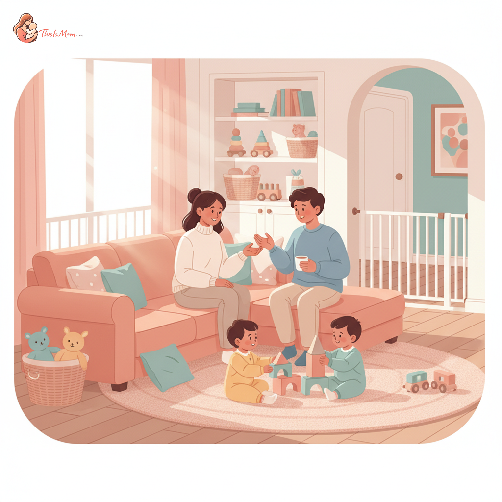 Parent interviewing an in-home daycare provider in a child-friendly living room setting