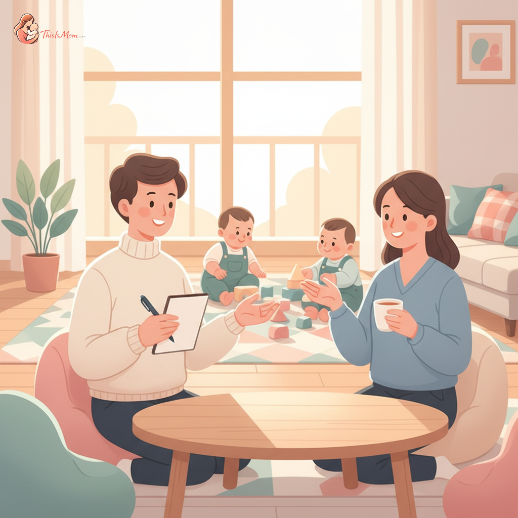 A parent looking at a clipboard with questions, sitting across from a warm, friendly family child care provider who is smiling, with young children playing happily in the background of a clean home environment.