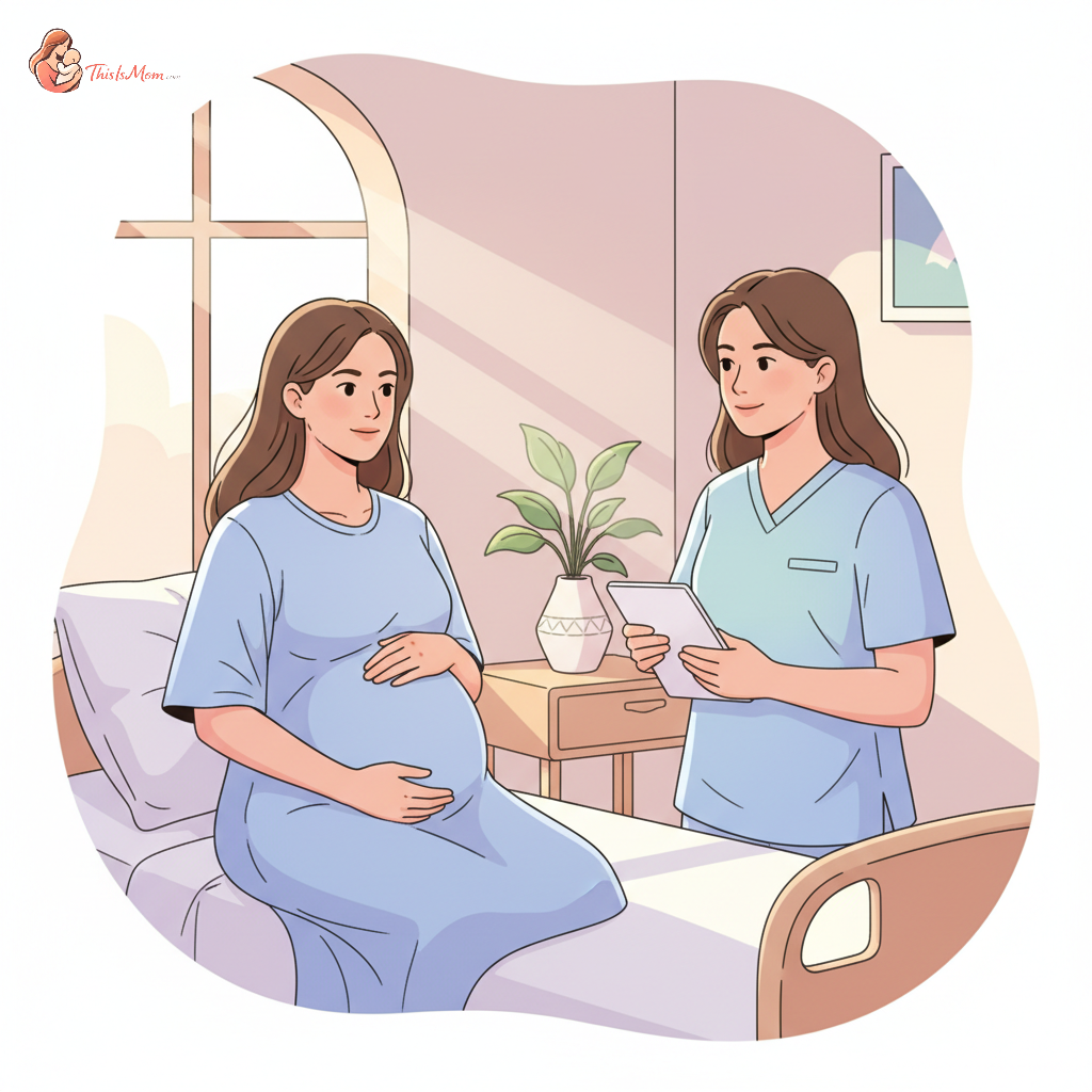 Pregnant person in a hospital gown, looking thoughtfully at their birth plan while speaking with a healthcare provider in a comfortable, well-lit hospital room.