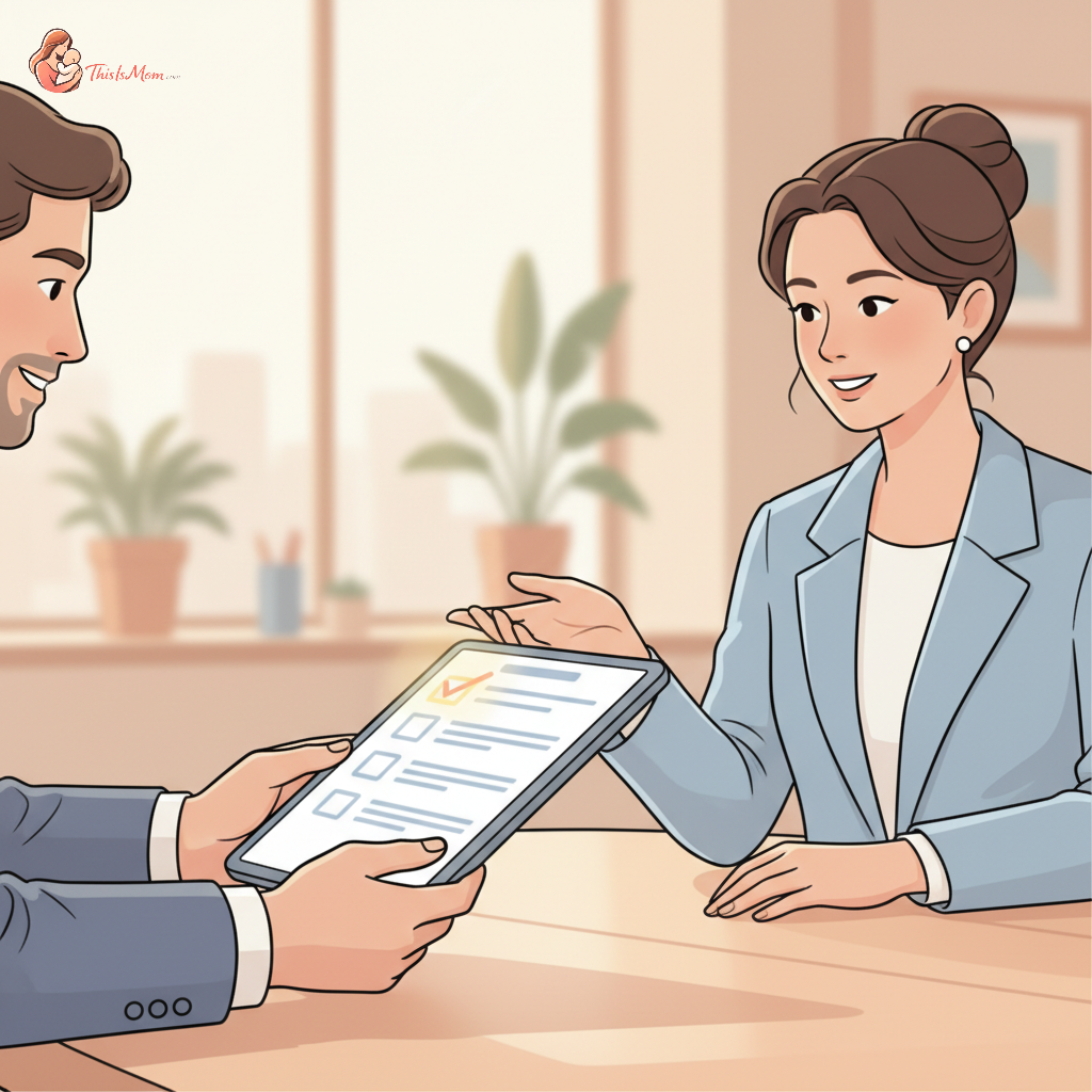 A parent confidently discussing with a nanny agency representative, a checklist in hand, ensuring all background check questions are covered for their child's safety.