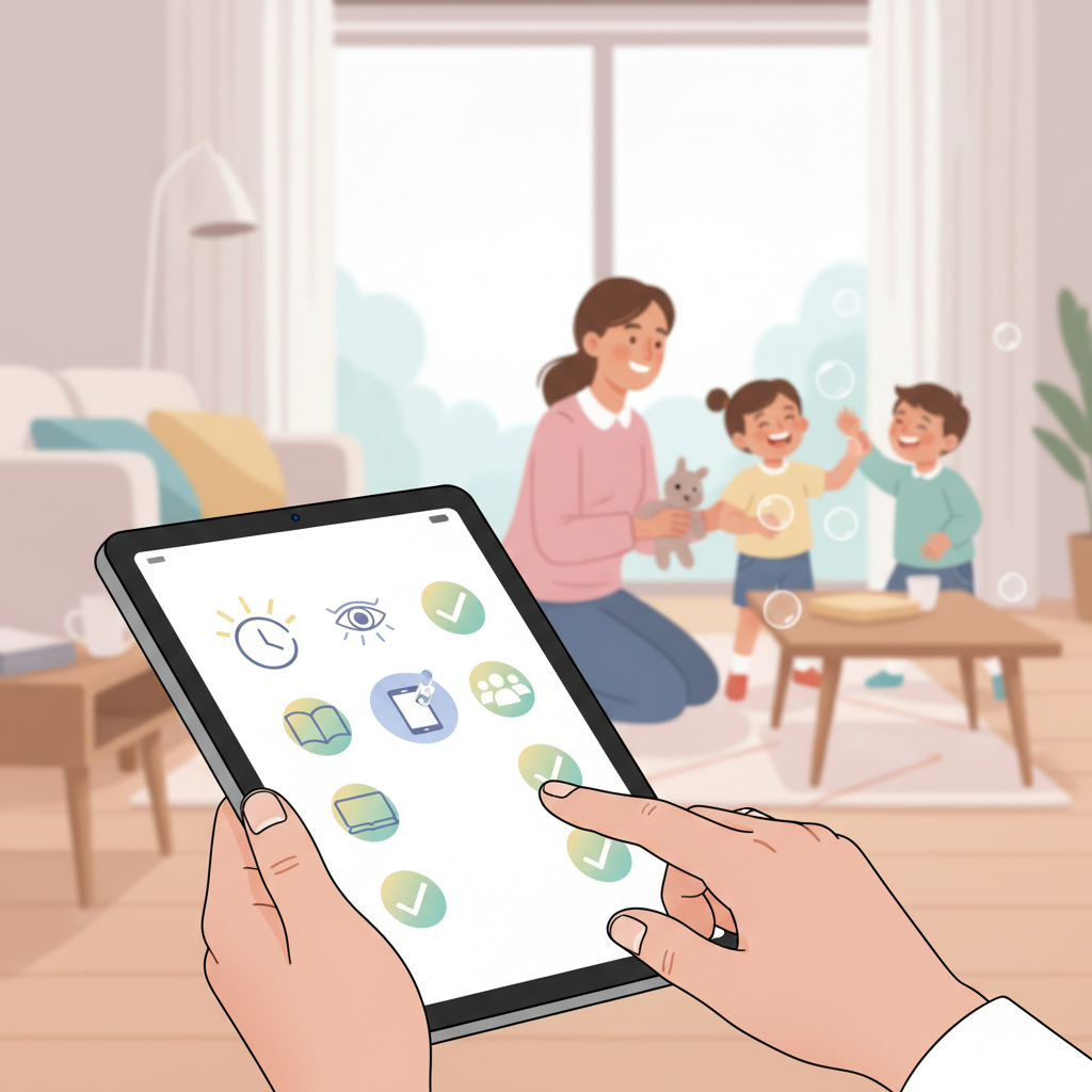 A diverse group of parents thoughtfully reviewing a checklist of questions about screen time limits on a tablet, with a nanny silhouette in the background engaging with children playing. Focus on the parents' expressions of careful consideration and the organized questions. Soft, warm lighting.