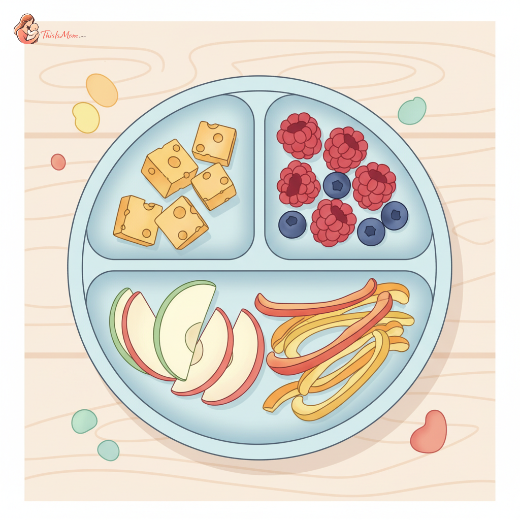 A vibrant and colorful toddler lunch plate featuring cheese cubes, sliced fruit, cucumber sticks, and whole-wheat crackers, arranged neatly.