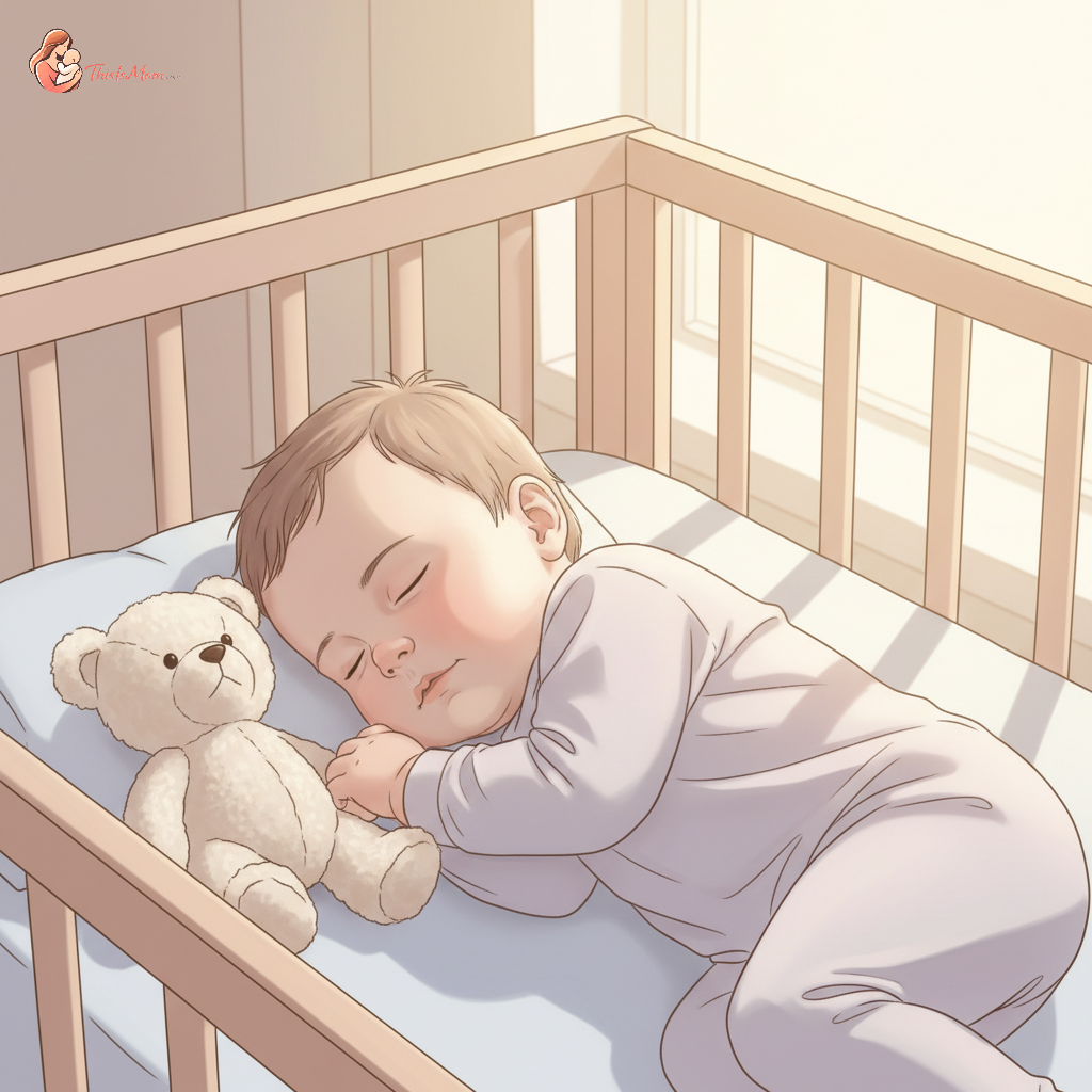 A peaceful baby sleeping soundly in a crib with a cozy blanket, soft window light, and a teddy bear in the background, symbolizing restful sleep after travel.