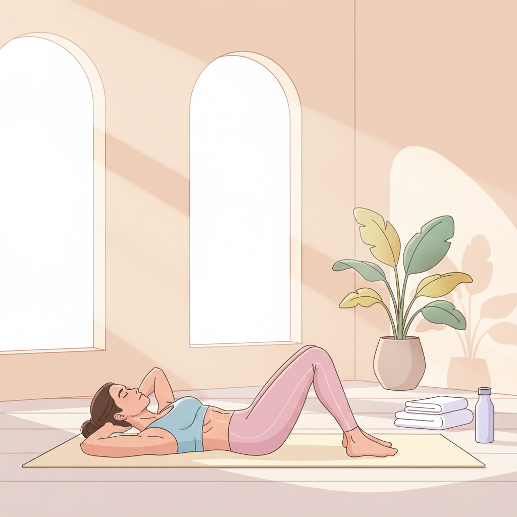 A woman performing a gentle core exercise on a yoga mat, focusing on deep abdominal engagement, in a bright, modern room.