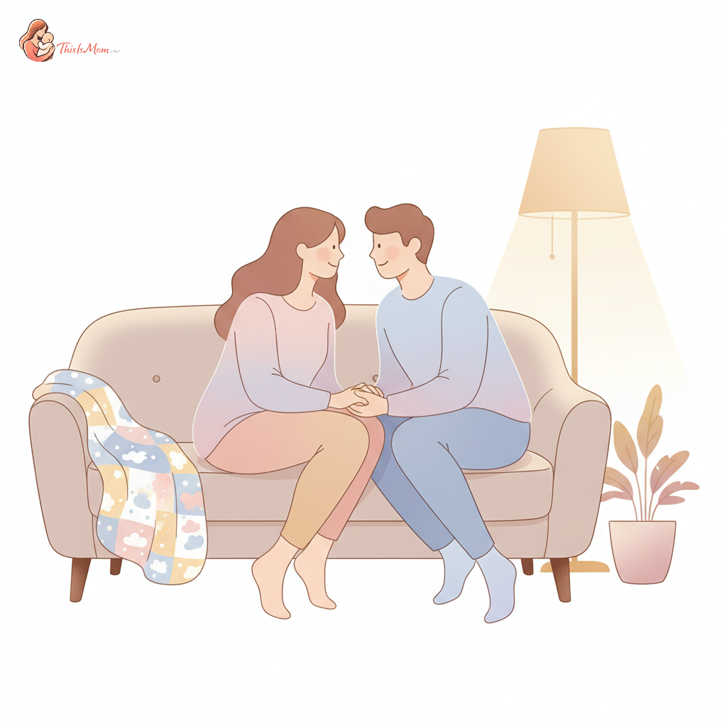 A couple gently holding hands or cuddling on a sofa in a dimly lit, cozy living room, emphasizing emotional connection and comfort rather than explicit romance.