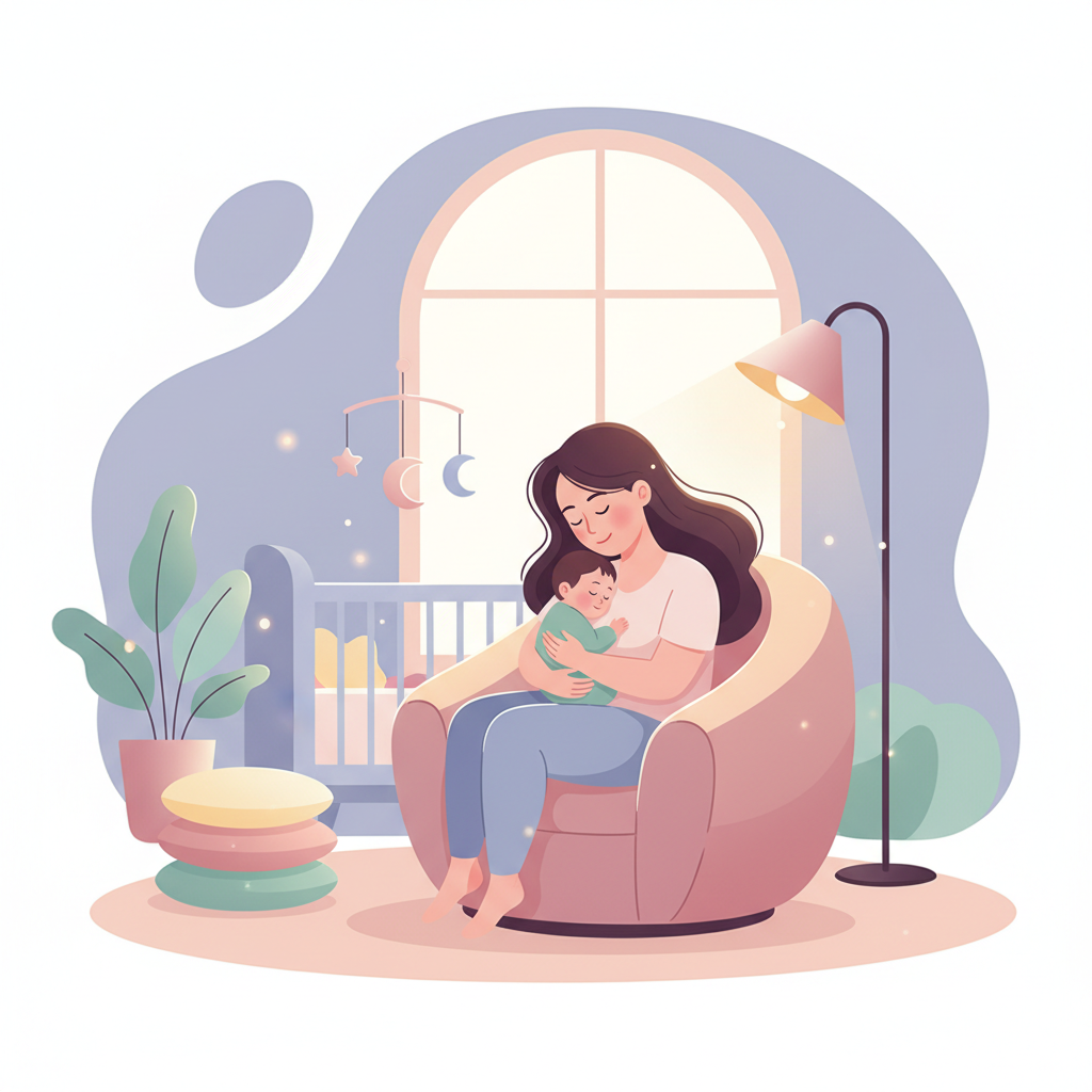 A mother gently rocking her baby in a dimly lit nursery, twilight atmosphere.