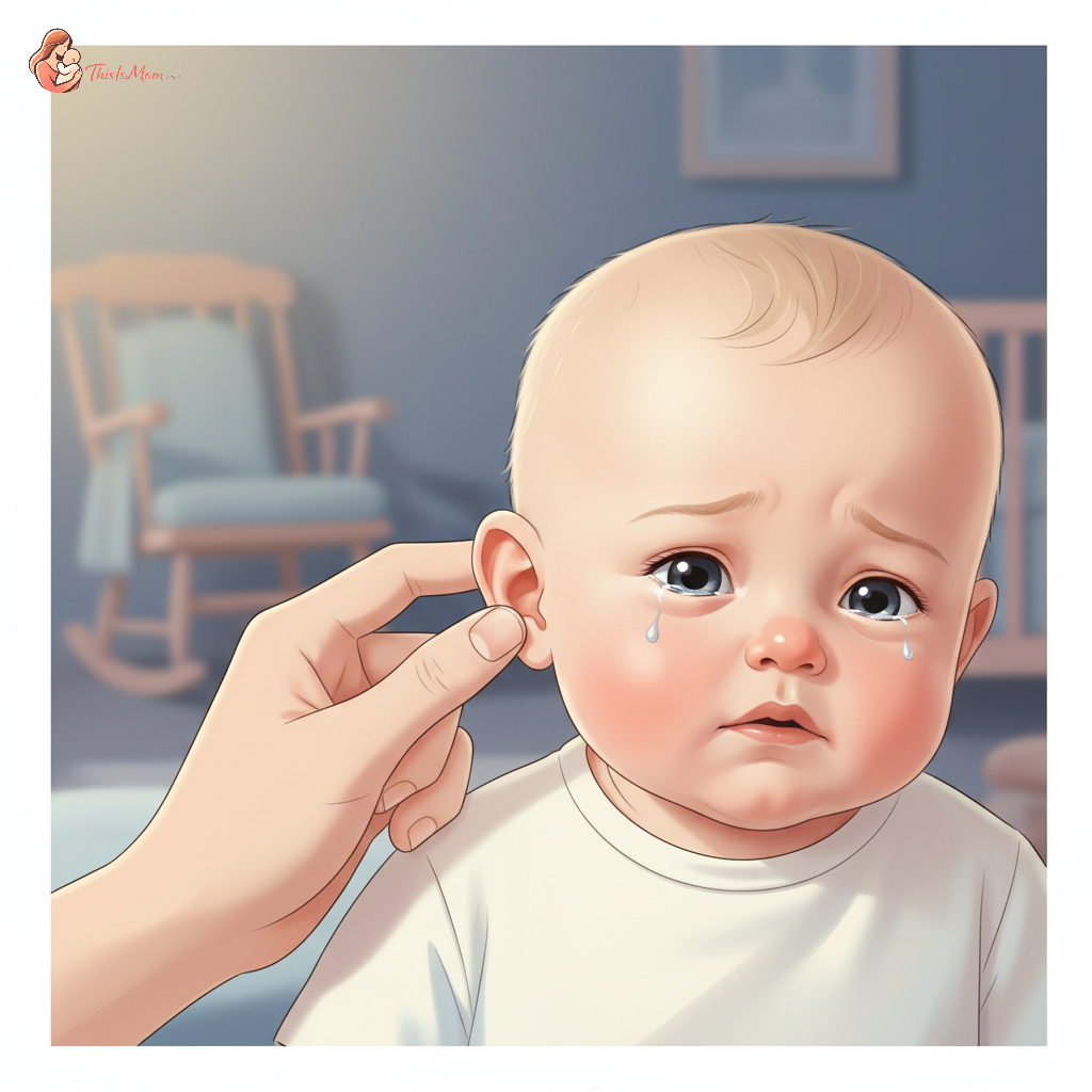A tired parent gently touching their 12-month-old baby's ear, while the baby looks slightly uncomfortable. The scene is dimly lit, suggesting nighttime, with a soft, concerned atmosphere.
