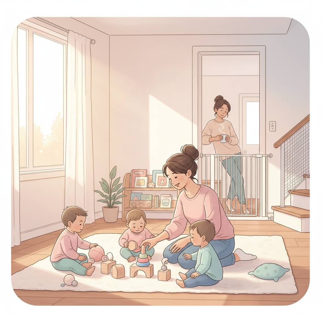 A parent and child looking at a family daycare provider interact with children in a home setting, with subtle signs of warmth and safety. Focus on observational details like tidy space, engaged provider, and child-safe environment.
