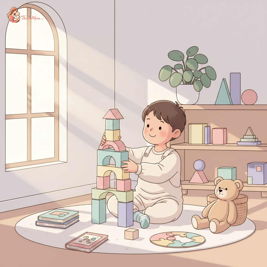A 4-year-old child laughing joyfully while playing with colorful building blocks on a large, soft rug, surrounded by other toys like books and a small stuffed animal, in a bright and inviting room.