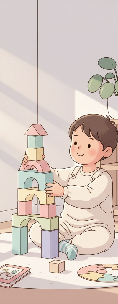 A 4-year-old child laughing joyfully while playing with colorful building blocks on a large, soft rug, surrounded by other toys like books and a small stuffed animal, in a bright and inviting room.
