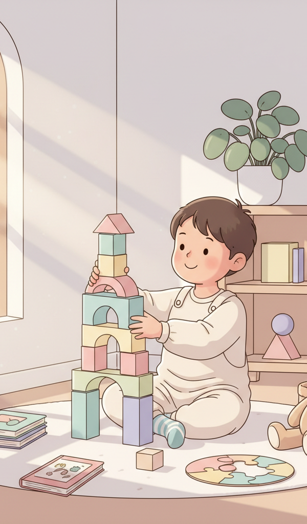 A 4-year-old child laughing joyfully while playing with colorful building blocks on a large, soft rug, surrounded by other toys like books and a small stuffed animal, in a bright and inviting room.