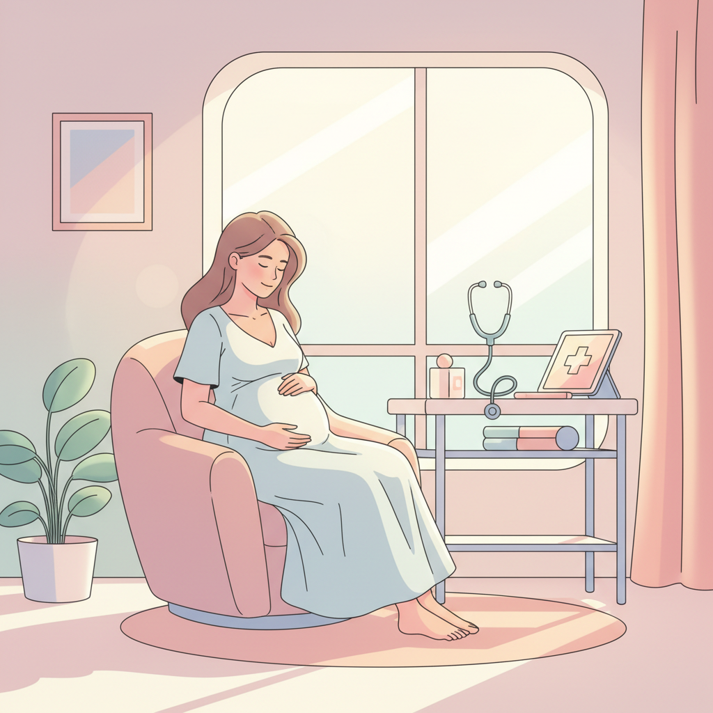 A pregnant person sitting calmly in a doctor's office, holding their hands gently on their belly.