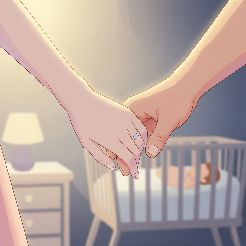 A couple gently holding hands in a soft, comforting bedroom setting, representing connection and support after a C-section birth, with a sleeping baby in a bassinet nearby.