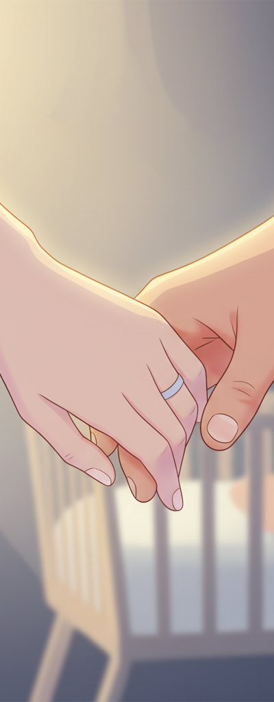 A couple gently holding hands in a soft, comforting bedroom setting, representing connection and support after a C-section birth, with a sleeping baby in a bassinet nearby.