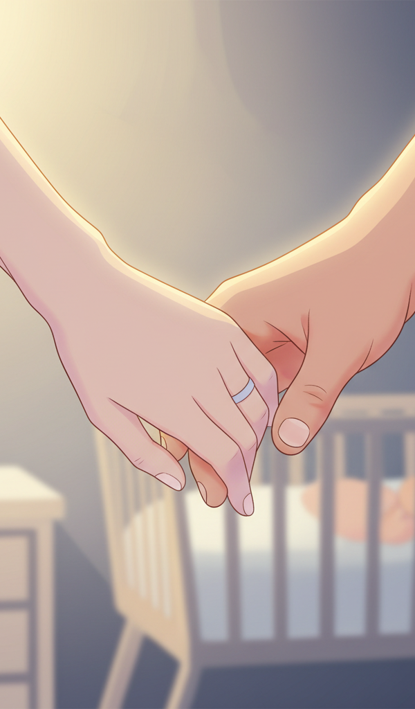 A couple gently holding hands in a soft, comforting bedroom setting, representing connection and support after a C-section birth, with a sleeping baby in a bassinet nearby.