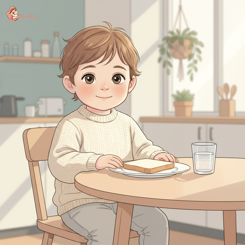 A toddler looking a bit tired but starting to smile, sitting at a small kitchen table with a plain piece of toast and a glass of water in front of them.