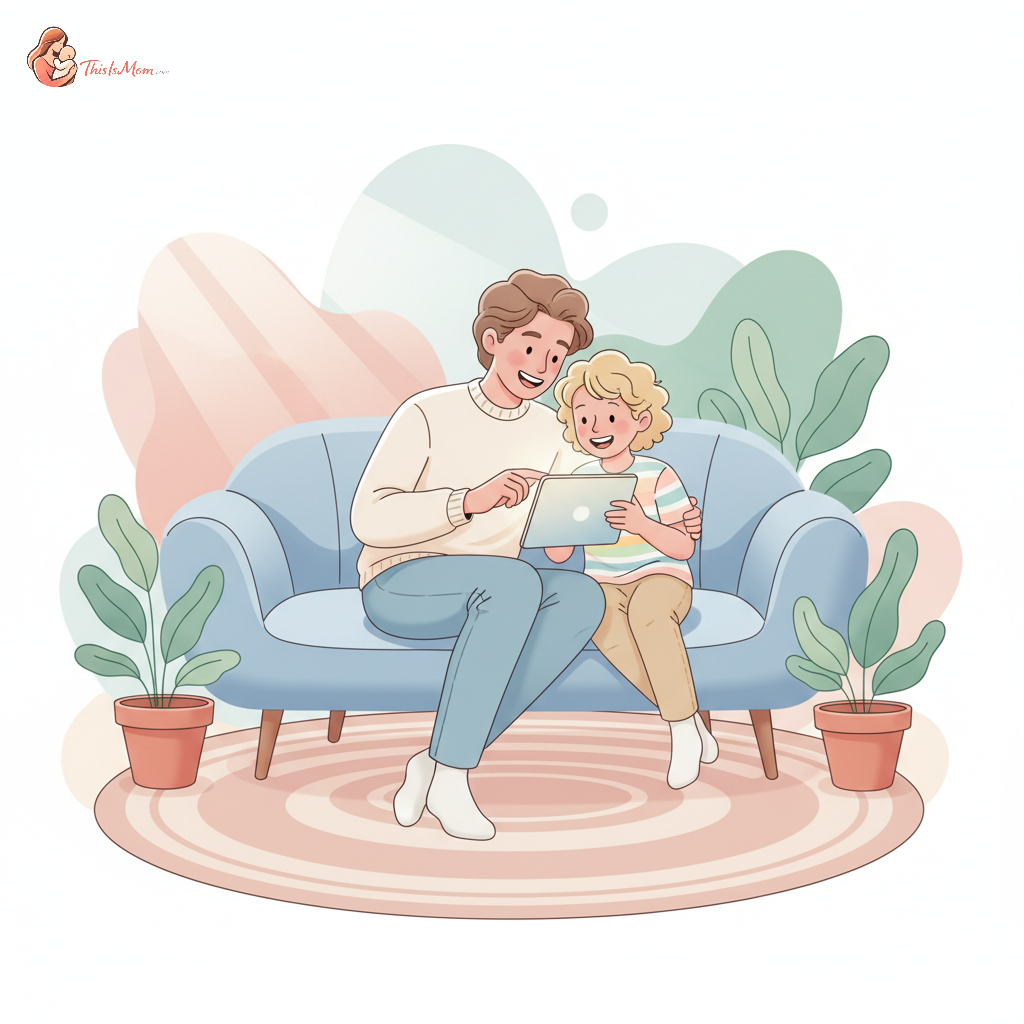 Parent and child laughing together while looking at a tablet screen, symbolizing shared experience and connection over digital content