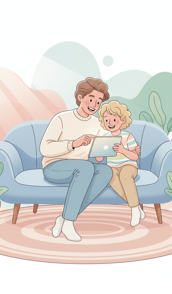 Parent and child laughing together while looking at a tablet screen, symbolizing shared experience and connection over digital content