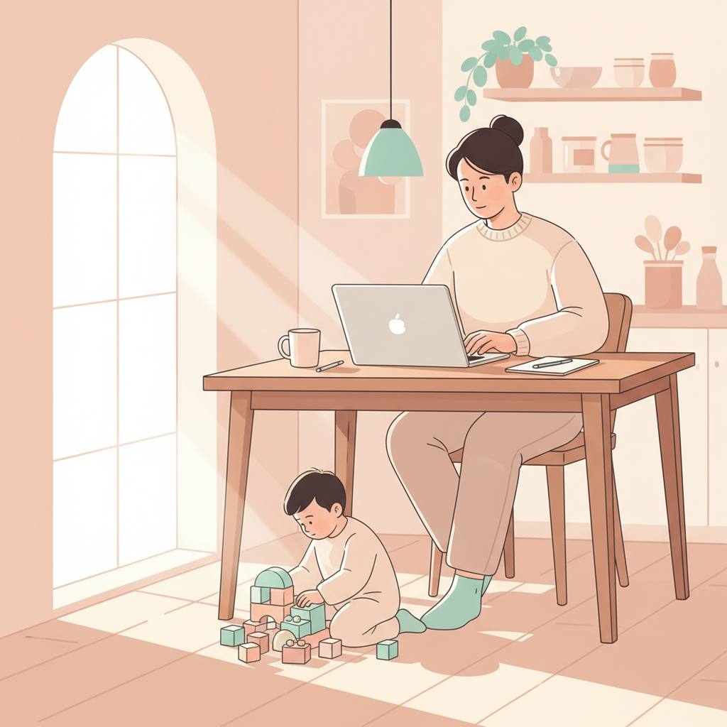 Parent working at a laptop at a kitchen table with a young child playing nearby.