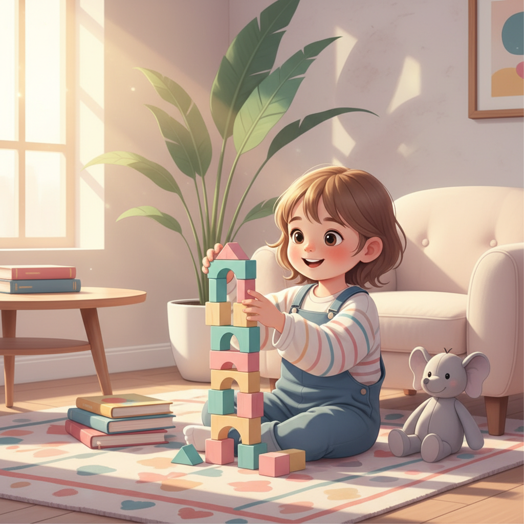 A 3-year-old child joyfully playing with wooden blocks on a colorful rug, surrounded by other non-screen toys, in a sunlit living room