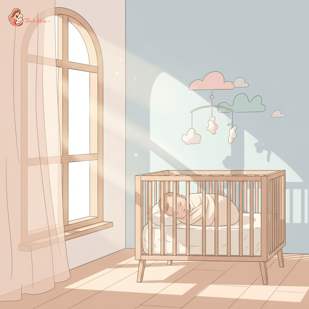 A peaceful baby sleeping soundly in a crib with soft light, symbolizing restful sleep after a time change.